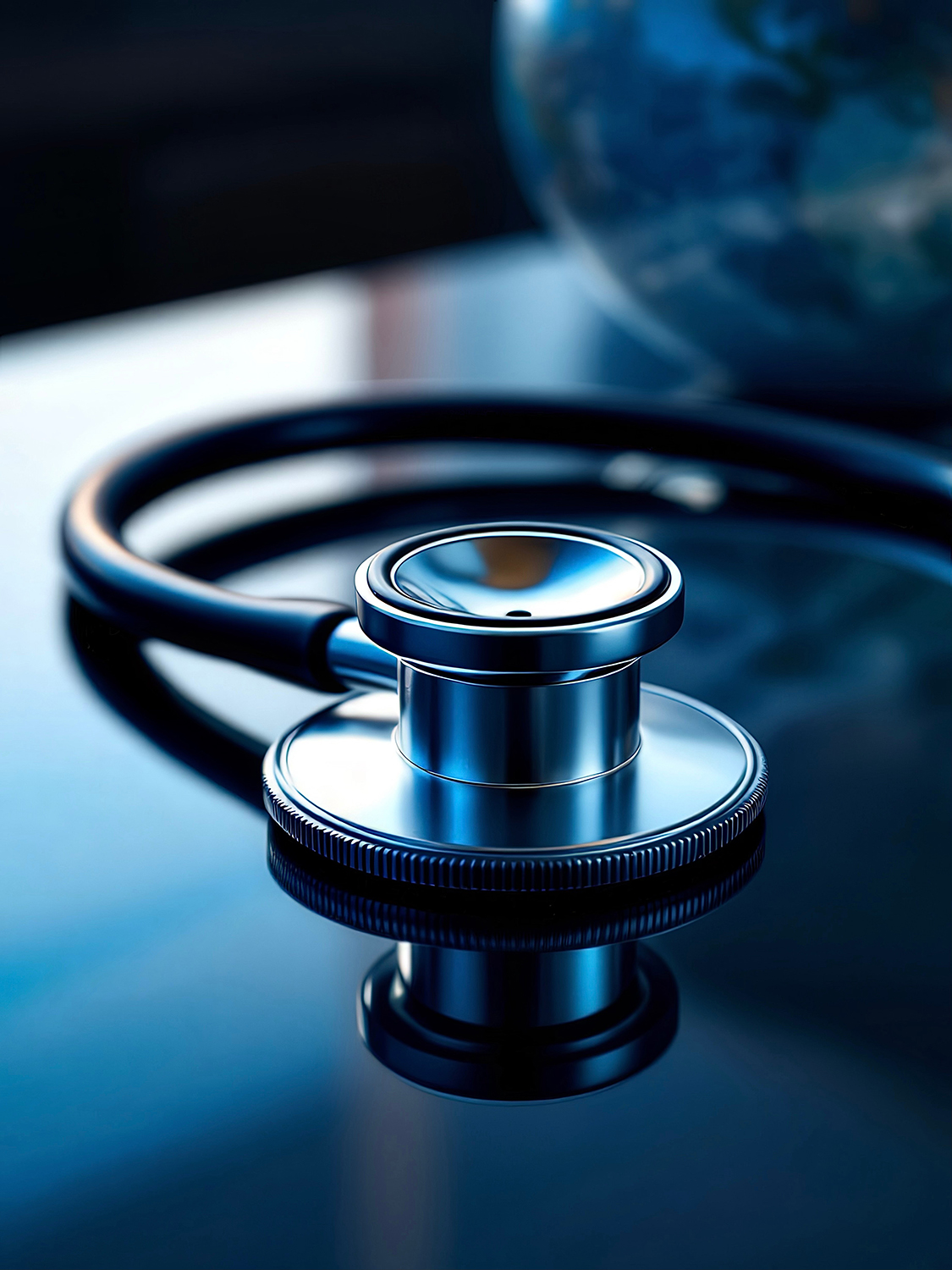 World Health Day. The stethoscope is placed on a reflective sur